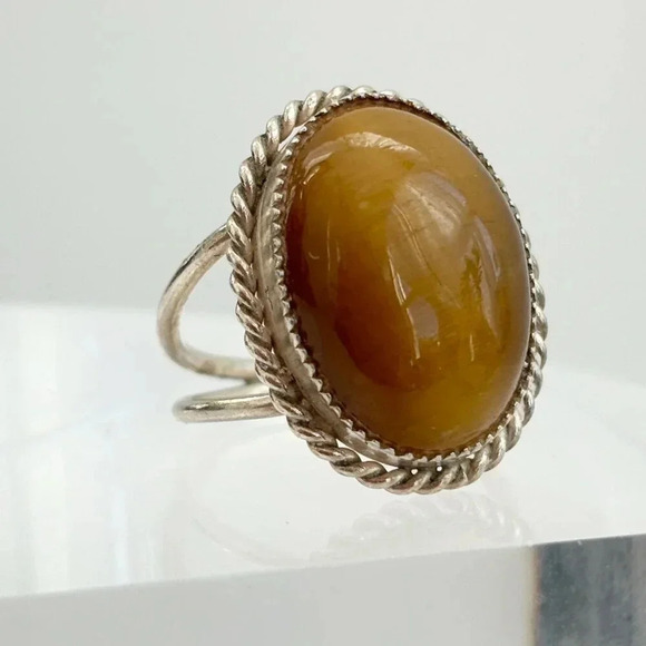 Honey Gold Natural Stone Rope Sterling Silver Unisex Cabochon Ring - sz 5.25 - Picture 3 of 10